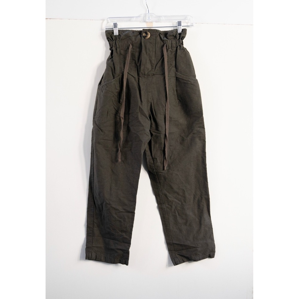 Zara Women Super High Waisted Paper bag Linen Blend Pant Green size XS
